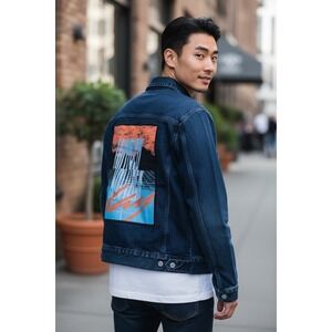 Topman Men's Blue‎ Denim Bomber Jacket M Graphic Design Casual trucker jean Y2K